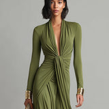 Olive Silk V-Neck Maxi Dress