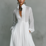Patchwork Stand Collar Linen Maxi Dress