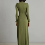 Olive Silk V-Neck Maxi Dress