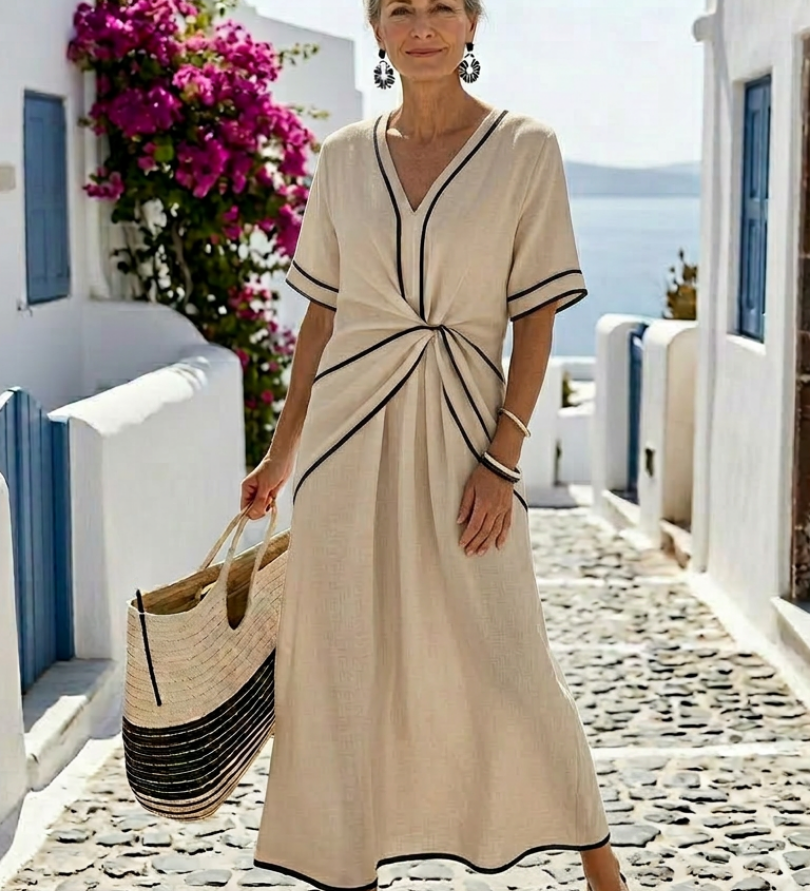 Linnea | V Neck Short Sleeve Gathered Waist Midi Dress