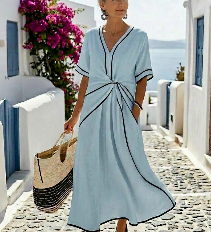 Linnea | V Neck Short Sleeve Gathered Waist Midi Dress