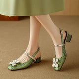 Florine | Women's Floral Slingback Pumps Square Toe Block Heel Shoes