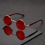 Layla | Round Sunglasses Metal Frame Wood Grain Temples UV Protection