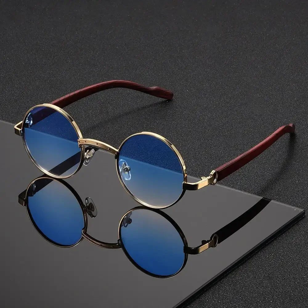 Layla | Round Sunglasses Metal Frame Wood Grain Temples UV Protection