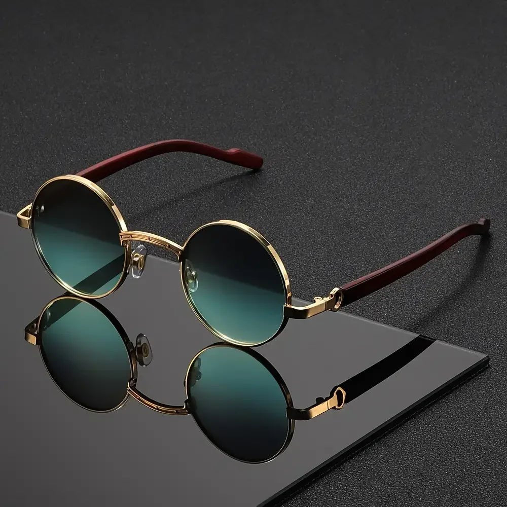Layla | Round Sunglasses Metal Frame Wood Grain Temples UV Protection