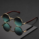Layla | Round Sunglasses Metal Frame Wood Grain Temples UV Protection